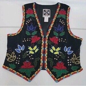Vtg HAIRSTON Roberson ROPA Fully Beaded Floral Vest Starburst Buttons - S/M READ